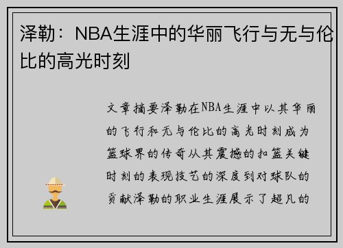 泽勒：NBA生涯中的华丽飞行与无与伦比的高光时刻